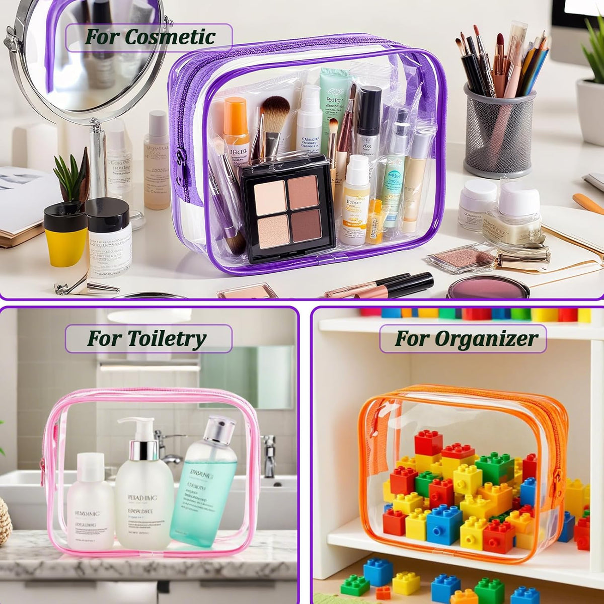 12 Pack Clear Toiletry Bags, TSA Approved 3 Sizes Waterproof Cosmetic Bags with Black Zipper, Transparent Makeup Organizer Pouches for Travel, Gym, Bathroom, Airline Carry On