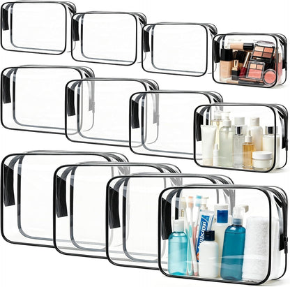 12 Pack Clear Toiletry Bags, TSA Approved 3 Sizes Waterproof Cosmetic Bags with Black Zipper, Transparent Makeup Organizer Pouches for Travel, Gym, Bathroom, Airline Carry On