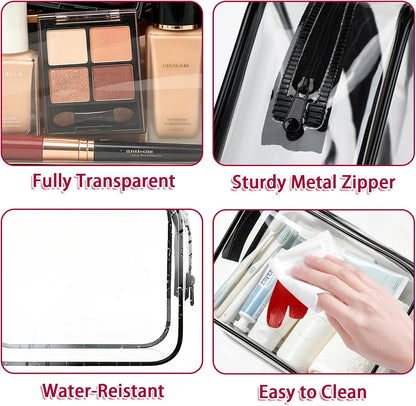 12 Pack Clear Toiletry Bags, TSA Approved 3 Sizes Waterproof Cosmetic Bags with Black Zipper, Transparent Makeup Organizer Pouches for Travel, Gym, Bathroom, Airline Carry On