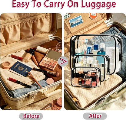 12 Pack Clear Toiletry Bags, TSA Approved 3 Sizes Waterproof Cosmetic Bags with Black Zipper, Transparent Makeup Organizer Pouches for Travel, Gym, Bathroom, Airline Carry On