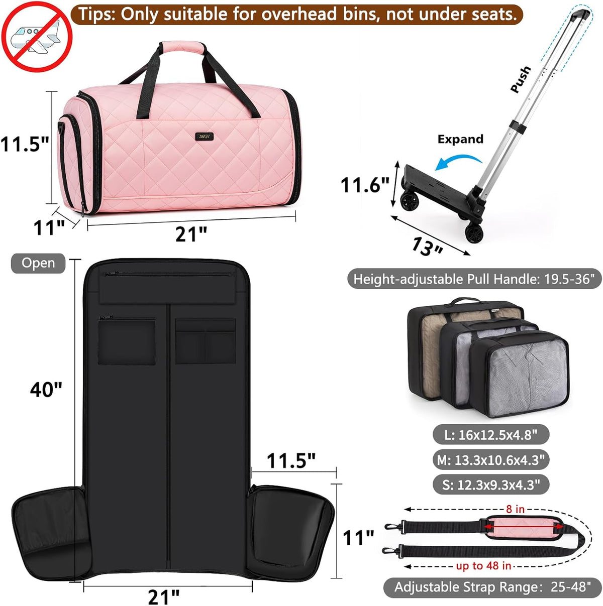 Rolling Garment Bags for Travel - Carry on Convertible Garment Duffle Bags with Wheels for Men Women, 4 in 1 Large Travel Duffel Bags with Shoes Compartment Hanging Suit Dress Weekender Bag 4pcs Set