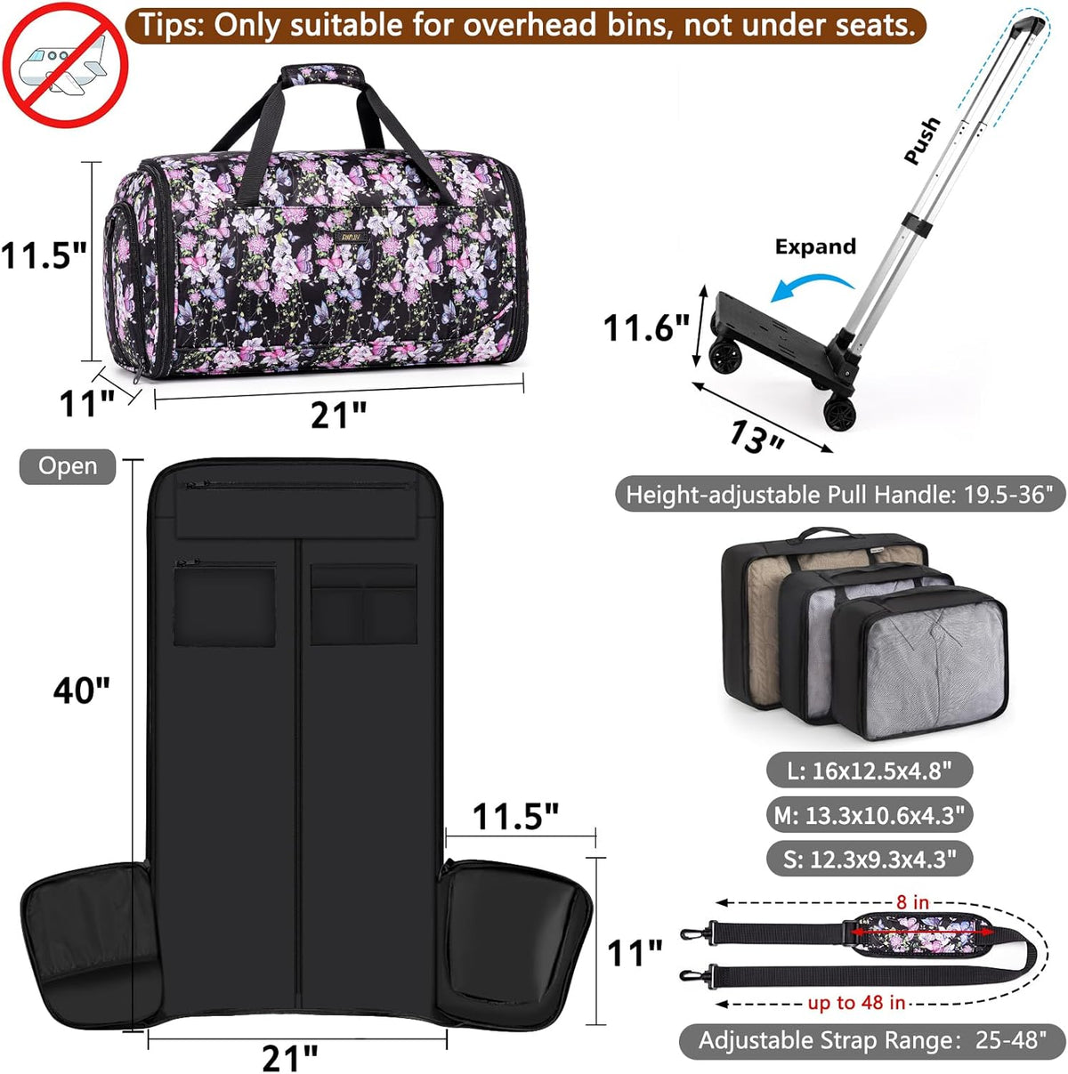 Rolling Garment Bags for Travel - Carry on Convertible Garment Duffle Bags with Wheels for Men Women, 4 in 1 Large Travel Duffel Bags with Shoes Compartment Hanging Suit Dress Weekender Bag 4pcs Set