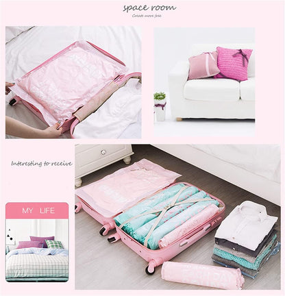 Travel Compression Bags 4 Pcs Roll-Up Storage Space Saver Bag No Vacuum or Pump Needed Hand Roll Seal Vacuum Bags for Travel/Home Storage (Pink-S)