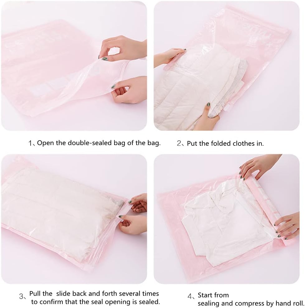 Travel Compression Bags 4 Pcs Roll-Up Storage Space Saver Bag No Vacuum or Pump Needed Hand Roll Seal Vacuum Bags for Travel/Home Storage (Pink-S)