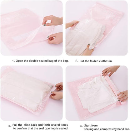 Travel Compression Bags 4 Pcs Roll-Up Storage Space Saver Bag No Vacuum or Pump Needed Hand Roll Seal Vacuum Bags for Travel/Home Storage (Pink-S)
