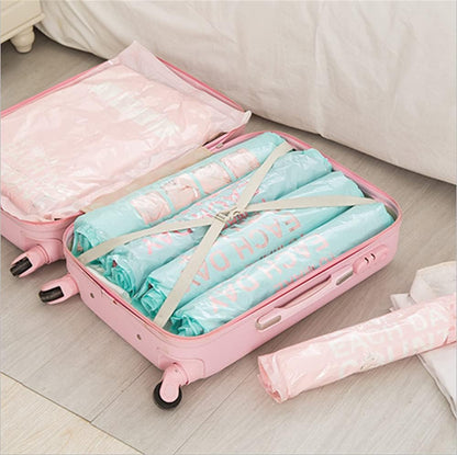 Travel Compression Bags 4 Pcs Roll-Up Storage Space Saver Bag No Vacuum or Pump Needed Hand Roll Seal Vacuum Bags for Travel/Home Storage (Pink-S)