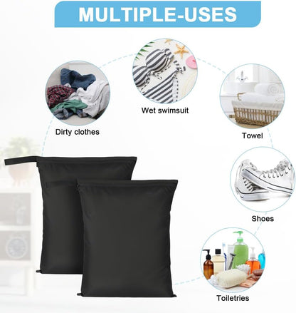 2PCS Wet Bags, Waterproof Travel Laundry Bag, Reusable Cloth Diaper Bags with Handle & Zipper, Washable Travel Tote Organizer Yoga Bag for Baby Items, Wet Swimsuits, Beach, Gym, Camping (Black)