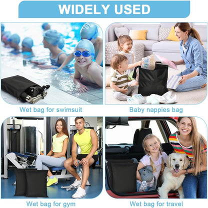 2PCS Wet Bags, Waterproof Travel Laundry Bag, Reusable Cloth Diaper Bags with Handle & Zipper, Washable Travel Tote Organizer Yoga Bag for Baby Items, Wet Swimsuits, Beach, Gym, Camping (Black)