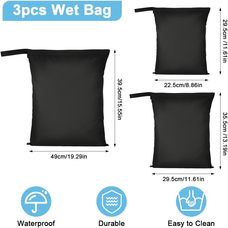2PCS Wet Bags, Waterproof Travel Laundry Bag, Reusable Cloth Diaper Bags with Handle & Zipper, Washable Travel Tote Organizer Yoga Bag for Baby Items, Wet Swimsuits, Beach, Gym, Camping (Black)