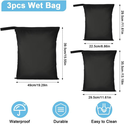 2PCS Wet Bags, Waterproof Travel Laundry Bag, Reusable Cloth Diaper Bags with Handle & Zipper, Washable Travel Tote Organizer Yoga Bag for Baby Items, Wet Swimsuits, Beach, Gym, Camping (Black)