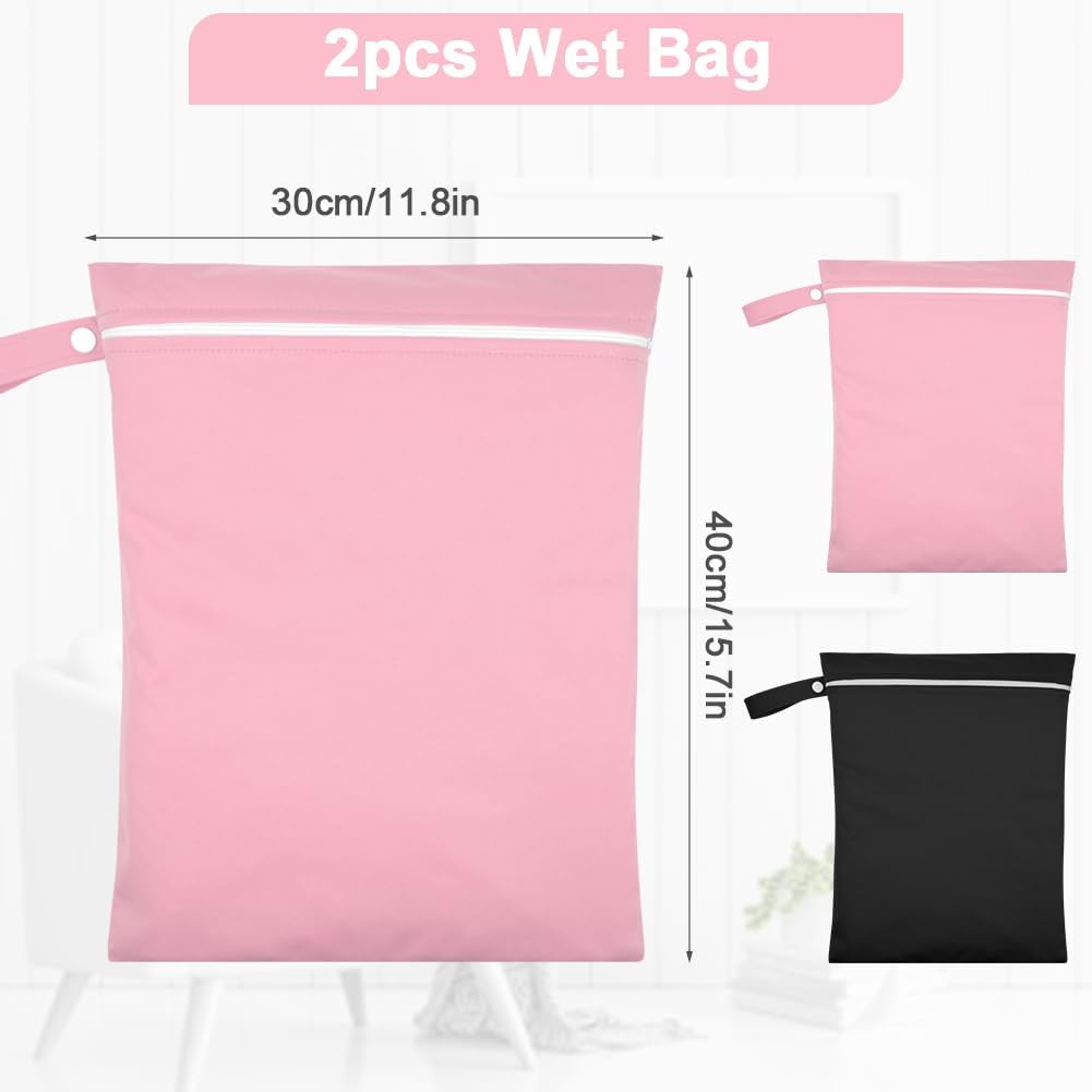 2PCS Wet Bags, Waterproof Travel Laundry Bag, Reusable Cloth Diaper Bags with Handle & Zipper, Washable Travel Tote Organizer Yoga Bag for Baby Items, Wet Swimsuits, Beach, Gym, Camping (Black)