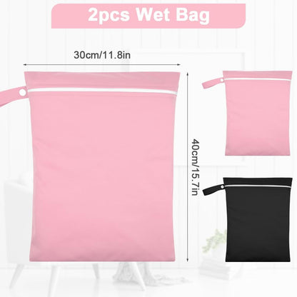 2PCS Wet Bags, Waterproof Travel Laundry Bag, Reusable Cloth Diaper Bags with Handle & Zipper, Washable Travel Tote Organizer Yoga Bag for Baby Items, Wet Swimsuits, Beach, Gym, Camping (Black)
