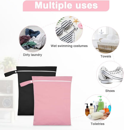 2PCS Wet Bags, Waterproof Travel Laundry Bag, Reusable Cloth Diaper Bags with Handle & Zipper, Washable Travel Tote Organizer Yoga Bag for Baby Items, Wet Swimsuits, Beach, Gym, Camping (Black)