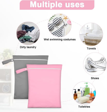 2PCS Wet Bags, Waterproof Travel Laundry Bag, Reusable Cloth Diaper Bags with Handle & Zipper, Washable Travel Tote Organizer Yoga Bag for Baby Items, Wet Swimsuits, Beach, Gym, Camping (Black)
