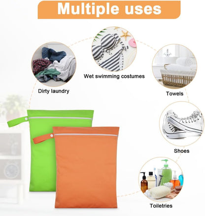 2PCS Wet Bags, Waterproof Travel Laundry Bag, Reusable Cloth Diaper Bags with Handle & Zipper, Washable Travel Tote Organizer Yoga Bag for Baby Items, Wet Swimsuits, Beach, Gym, Camping (Black)
