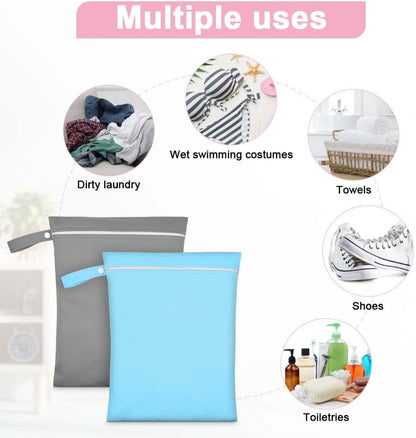 2PCS Wet Bags, Waterproof Travel Laundry Bag, Reusable Cloth Diaper Bags with Handle & Zipper, Washable Travel Tote Organizer Yoga Bag for Baby Items, Wet Swimsuits, Beach, Gym, Camping (Black)