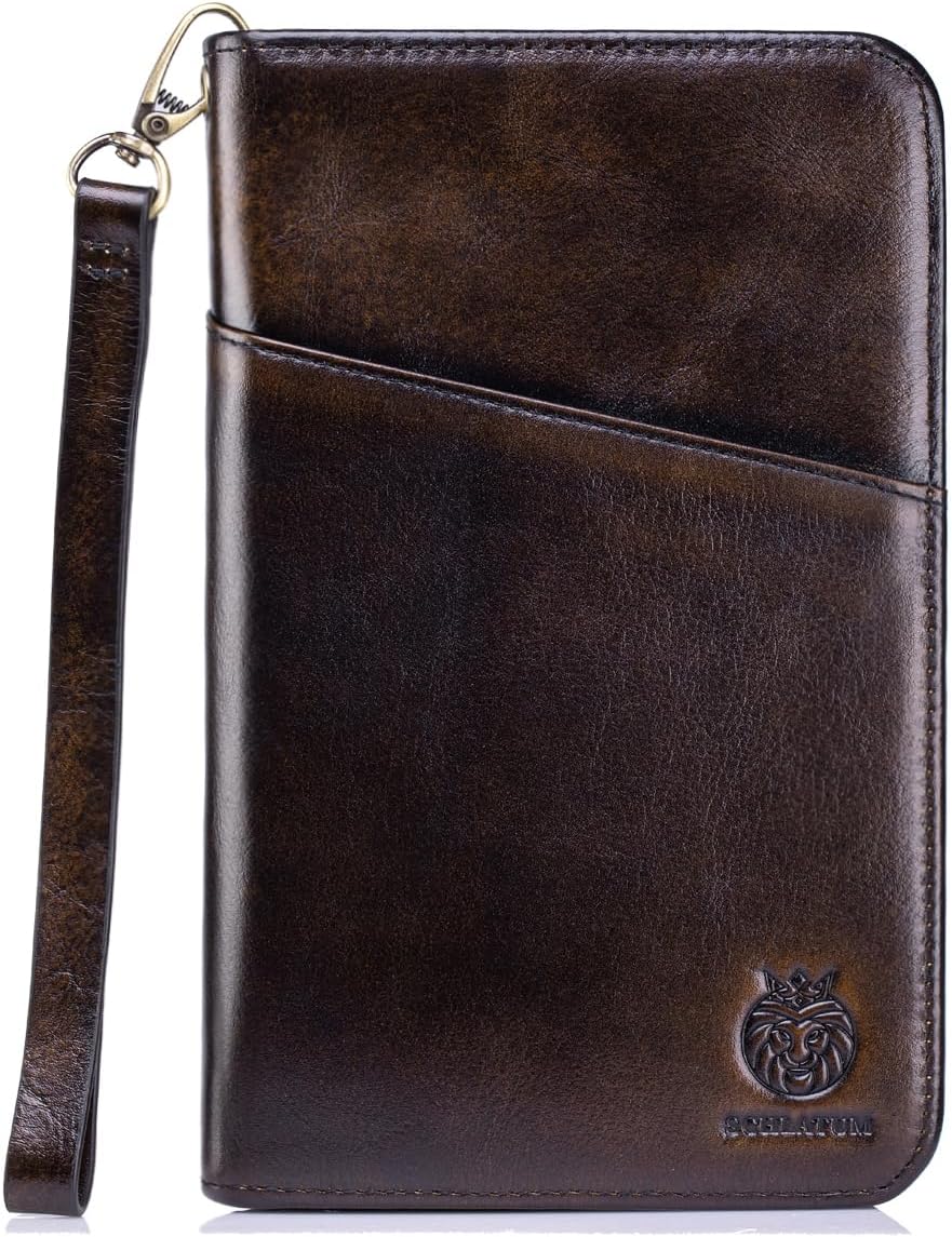 Passport Holder for Travel Family with Strap Genuine Leather RFID Blocking Travel Document Organizer Wallet with Pen Holder, Brown