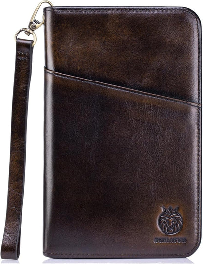 Passport Holder for Travel Family with Strap Genuine Leather RFID Blocking Travel Document Organizer Wallet with Pen Holder, Brown