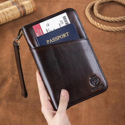 Passport Holder for Travel Family with Strap Genuine Leather RFID Blocking Travel Document Organizer Wallet with Pen Holder, Brown