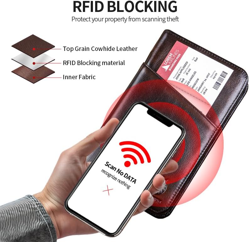 Passport Holder for Travel Family with Strap Genuine Leather RFID Blocking Travel Document Organizer Wallet with Pen Holder, Brown