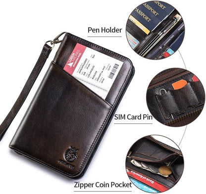 Passport Holder for Travel Family with Strap Genuine Leather RFID Blocking Travel Document Organizer Wallet with Pen Holder, Brown