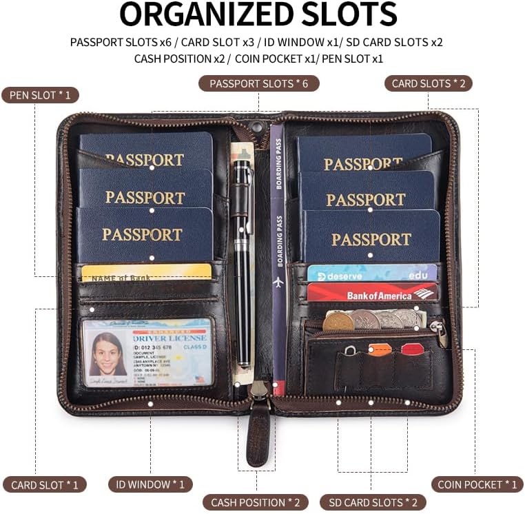 Passport Holder for Travel Family with Strap Genuine Leather RFID Blocking Travel Document Organizer Wallet with Pen Holder, Brown