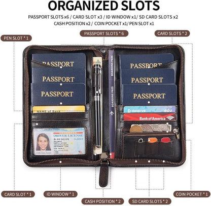 Passport Holder for Travel Family with Strap Genuine Leather RFID Blocking Travel Document Organizer Wallet with Pen Holder, Brown
