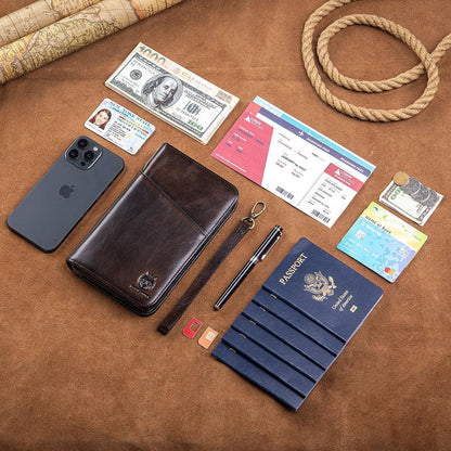Passport Holder for Travel Family with Strap Genuine Leather RFID Blocking Travel Document Organizer Wallet with Pen Holder, Brown
