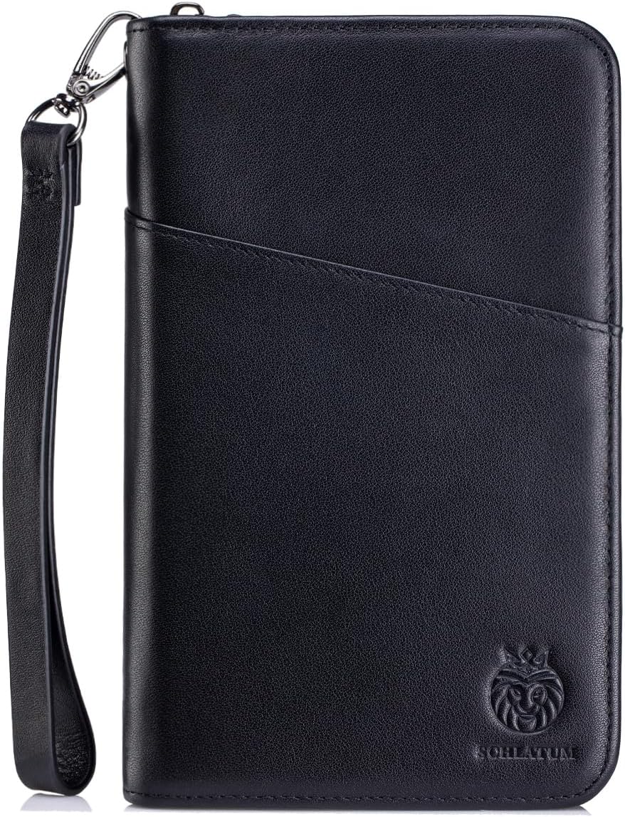 Passport Holder for Travel Family with Strap Genuine Leather RFID Blocking Travel Document Organizer Wallet with Pen Holder, Brown
