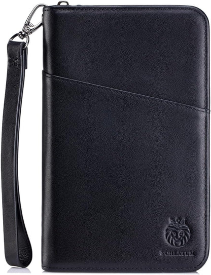 Passport Holder for Travel Family with Strap Genuine Leather RFID Blocking Travel Document Organizer Wallet with Pen Holder, Brown
