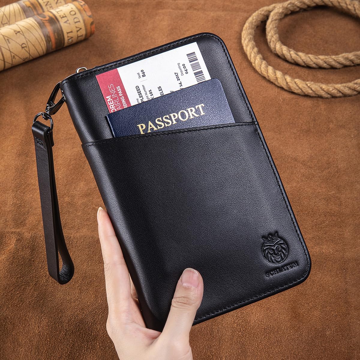 Passport Holder for Travel Family with Strap Genuine Leather RFID Blocking Travel Document Organizer Wallet with Pen Holder, Brown