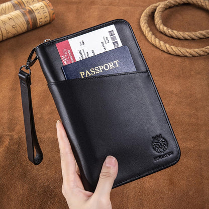 Passport Holder for Travel Family with Strap Genuine Leather RFID Blocking Travel Document Organizer Wallet with Pen Holder, Brown