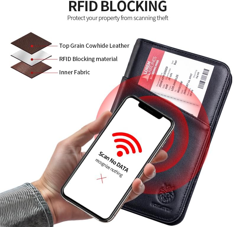 Passport Holder for Travel Family with Strap Genuine Leather RFID Blocking Travel Document Organizer Wallet with Pen Holder, Brown