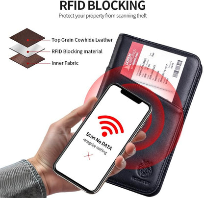 Passport Holder for Travel Family with Strap Genuine Leather RFID Blocking Travel Document Organizer Wallet with Pen Holder, Brown