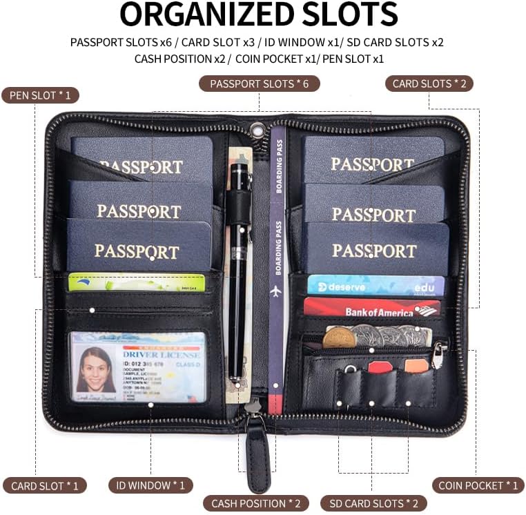 Passport Holder for Travel Family with Strap Genuine Leather RFID Blocking Travel Document Organizer Wallet with Pen Holder, Brown