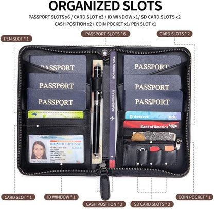 Passport Holder for Travel Family with Strap Genuine Leather RFID Blocking Travel Document Organizer Wallet with Pen Holder, Brown