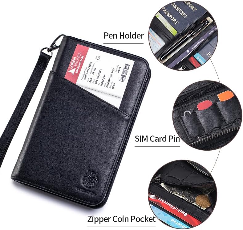 Passport Holder for Travel Family with Strap Genuine Leather RFID Blocking Travel Document Organizer Wallet with Pen Holder, Brown