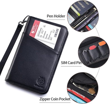 Passport Holder for Travel Family with Strap Genuine Leather RFID Blocking Travel Document Organizer Wallet with Pen Holder, Brown