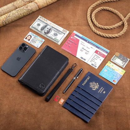 Passport Holder for Travel Family with Strap Genuine Leather RFID Blocking Travel Document Organizer Wallet with Pen Holder, Brown