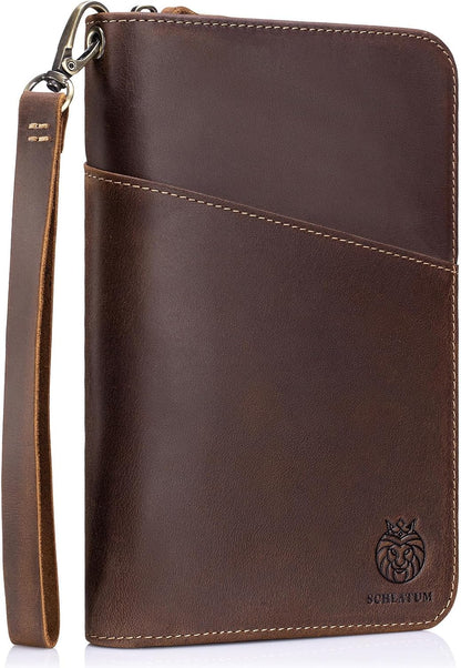 Passport Holder for Travel Family with Strap Genuine Leather RFID Blocking Travel Document Organizer Wallet with Pen Holder, Brown