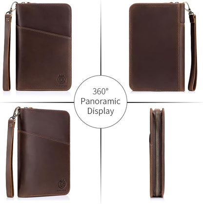 Passport Holder for Travel Family with Strap Genuine Leather RFID Blocking Travel Document Organizer Wallet with Pen Holder, Brown