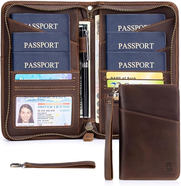 Passport Holder for Travel Family with Strap Genuine Leather RFID Blocking Travel Document Organizer Wallet with Pen Holder, Brown