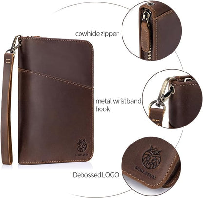Passport Holder for Travel Family with Strap Genuine Leather RFID Blocking Travel Document Organizer Wallet with Pen Holder, Brown