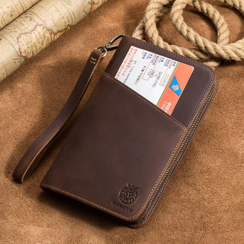 Passport Holder for Travel Family with Strap Genuine Leather RFID Blocking Travel Document Organizer Wallet with Pen Holder, Brown