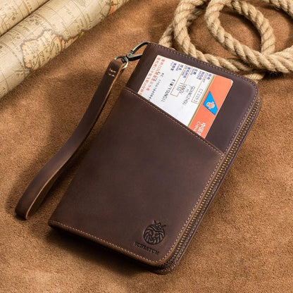 Passport Holder for Travel Family with Strap Genuine Leather RFID Blocking Travel Document Organizer Wallet with Pen Holder, Brown