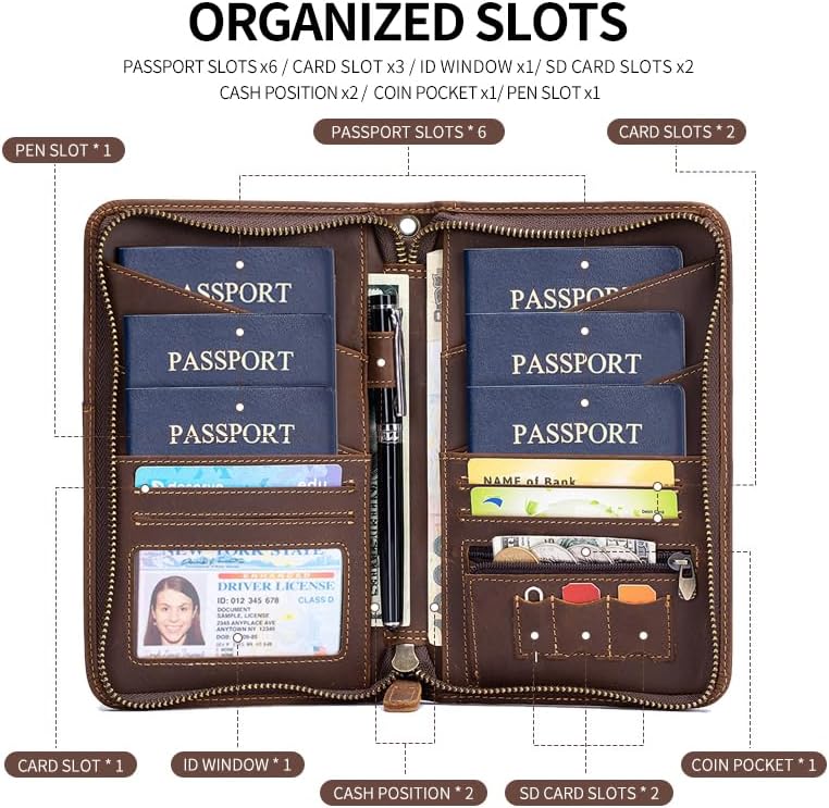 Passport Holder for Travel Family with Strap Genuine Leather RFID Blocking Travel Document Organizer Wallet with Pen Holder, Brown