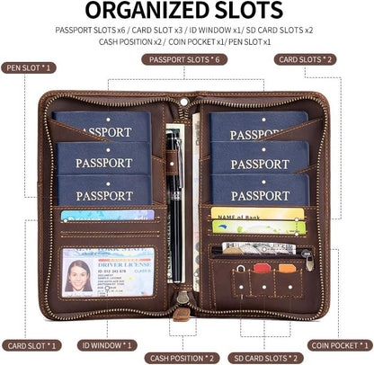 Passport Holder for Travel Family with Strap Genuine Leather RFID Blocking Travel Document Organizer Wallet with Pen Holder, Brown