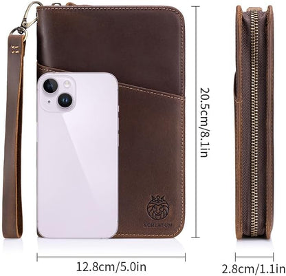 Passport Holder for Travel Family with Strap Genuine Leather RFID Blocking Travel Document Organizer Wallet with Pen Holder, Brown