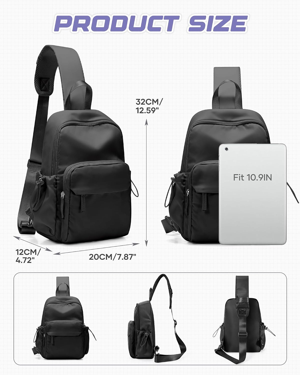 Small Black Sling Crossbody Backpack Shoulder Bag for Men Women, Lightweight One Strap Back Pack Sling Bag Backpack for Hiking Walking Biking Travel Cycling USB Charger Port-Nylon