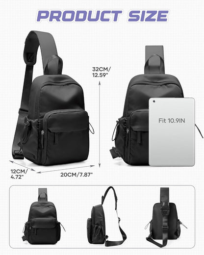 Small Black Sling Crossbody Backpack Shoulder Bag for Men Women, Lightweight One Strap Back Pack Sling Bag Backpack for Hiking Walking Biking Travel Cycling USB Charger Port-Nylon